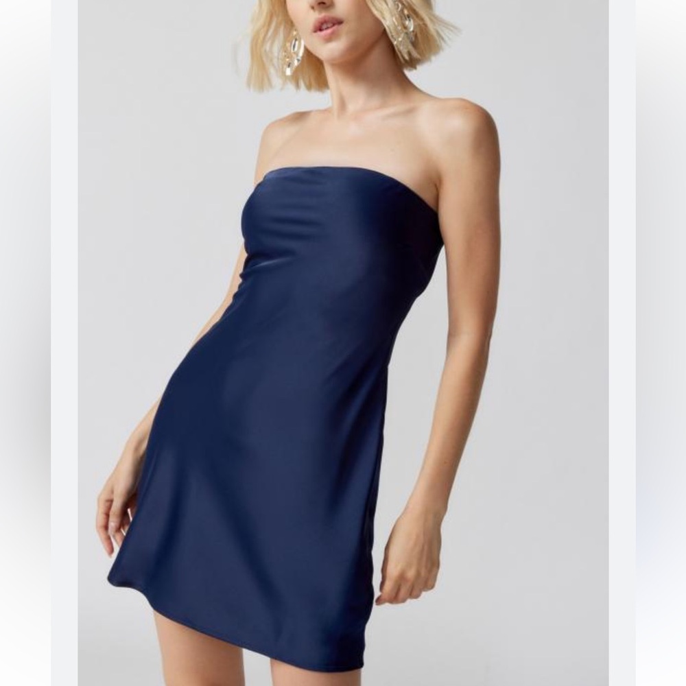 Urban Outfitters - UO navy blue mini satin bandeau strapless dress